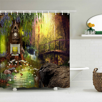 3D фантастичен горски пейзаж Завеса за душ Карикатура Mushroom House Завеси за баня Водоустойчива полиестерна декорация на дома с кука