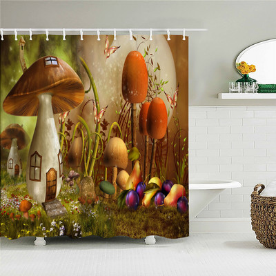 3D fantāzijas meža ainavas dušas aizkars multfilma sēņu māja vannas istabas aizkari ūdensizturīgs poliestera mājas dekorēšana ar āķi