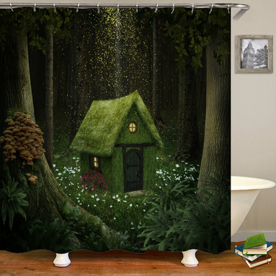 3D fantāzijas meža ainavas dušas aizkars multfilma sēņu māja vannas istabas aizkari ūdensizturīgs poliestera mājas dekorēšana ar āķi