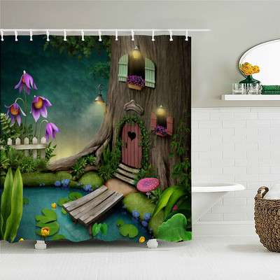 3D fantāzijas meža ainavas dušas aizkars multfilma sēņu māja vannas istabas aizkari ūdensizturīgs poliestera mājas dekorēšana ar āķi