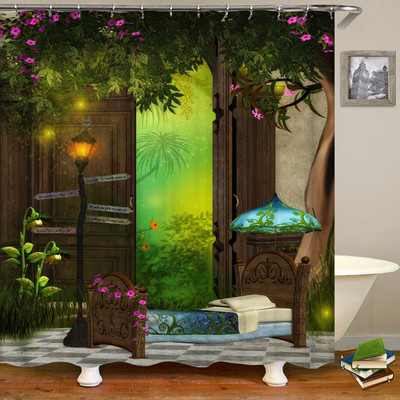 3D fantāzijas meža ainavas dušas aizkars multfilma sēņu māja vannas istabas aizkari ūdensizturīgs poliestera mājas dekorēšana ar āķi