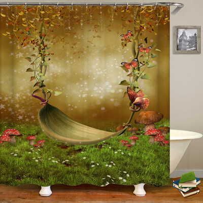 3D fantāzijas meža ainavas dušas aizkars multfilma sēņu māja vannas istabas aizkari ūdensizturīgs poliestera mājas dekorēšana ar āķi