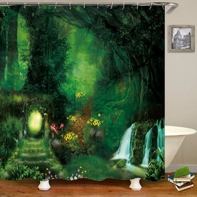 3D fantāzijas meža ainavas dušas aizkars multfilma sēņu māja vannas istabas aizkari ūdensizturīgs poliestera mājas dekorēšana ar āķi