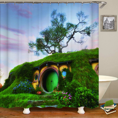 3D fantāzijas meža ainavas dušas aizkars multfilma sēņu māja vannas istabas aizkari ūdensizturīgs poliestera mājas dekorēšana ar āķi