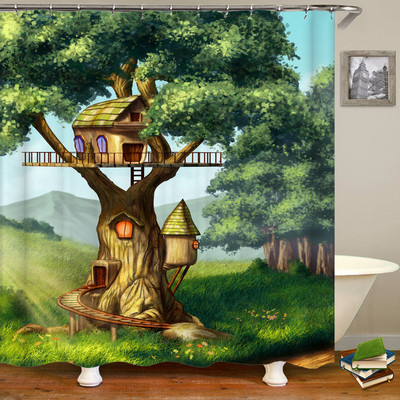 3D fantāzijas meža ainavas dušas aizkars multfilma sēņu māja vannas istabas aizkari ūdensizturīgs poliestera mājas dekorēšana ar āķi