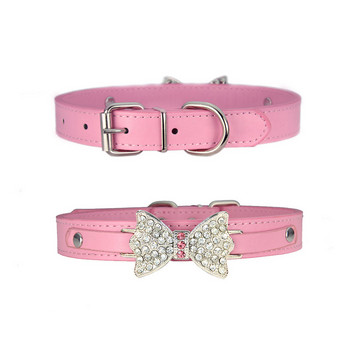 pawstrip 5 Size Pet Small Dog Collar Leather Bow Cat Collar Bling Rhinestone Puppy Collar Pomeranian Teddy Collar For Dogs