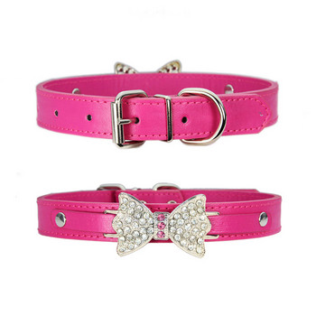 pawstrip 5 Size Pet Small Dog Collar Leather Bow Cat Collar Bling Rhinestone Puppy Collar Pomeranian Teddy Collar For Dogs