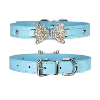 pawstrip 5 Size Pet Small Dog Collar Leather Bow Cat Collar Bling Rhinestone Puppy Collar Pomeranian Teddy Collar For Dogs