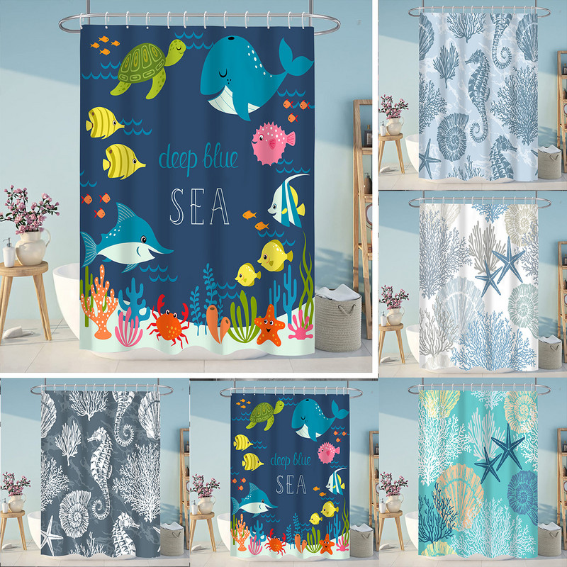 Ocean Podvodni svijet Zavjesa za tuširanje Morska zvijezda Morski konjić Kupaonska zavjesa Dekoracija doma Zaslon za kadu Vodootporni poliester s kukama