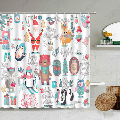 Božićne zavjese za tuš Crtić Pingvin Medvjed Lisica Sova Panda Snjegović Djed Mraz Smiješne životinje Nova godina Dječji Dekor kupaonice