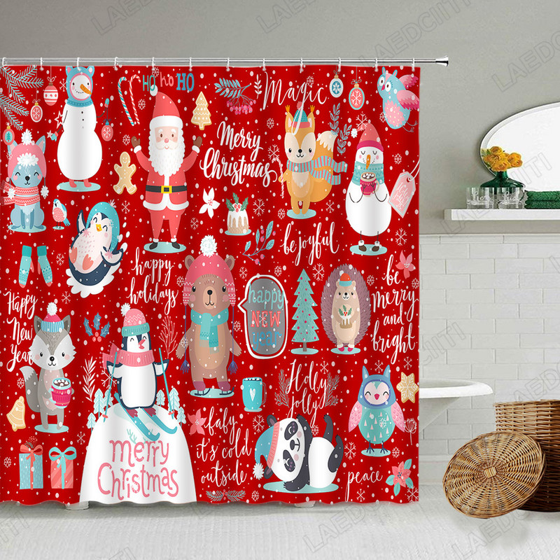 Božićne zavjese za tuš Crtić Pingvin Medvjed Lisica Sova Panda Snjegović Djed Mraz Smiješne životinje Nova godina Dječji Dekor kupaonice
