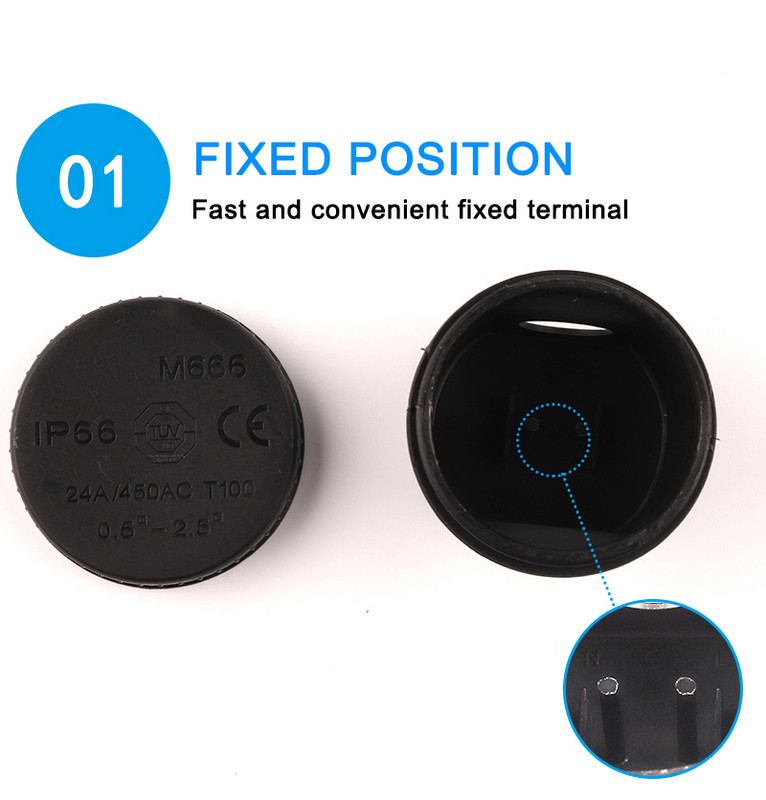 Vodootporna razvodna kutija za vanjske prostore, okrugla, 2-smjerna IP66 utičnica za električni kabel 24A/450V s 3-pinskom stezaljkom 4mm-8mm raspon kabela