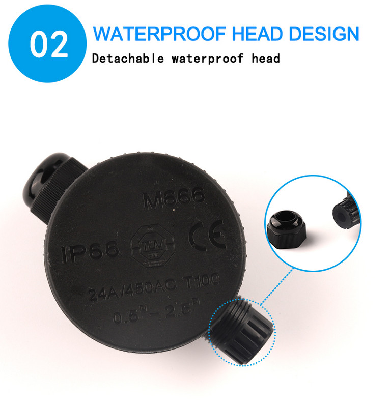 Vodootporna razvodna kutija za vanjske prostore, okrugla, 2-smjerna IP66 utičnica za električni kabel 24A/450V s 3-pinskom stezaljkom 4mm-8mm raspon kabela