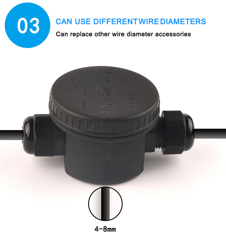 Vodootporna razvodna kutija za vanjske prostore, okrugla, 2-smjerna IP66 utičnica za električni kabel 24A/450V s 3-pinskom stezaljkom 4mm-8mm raspon kabela