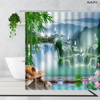 Κουρτίνα ντους Zen Bamboo Forest Summer Forest Jungle Waterfall Rock Nature Scenery Κουρτίνες μπάνιου Σετ Green Landscape Μπάνιο