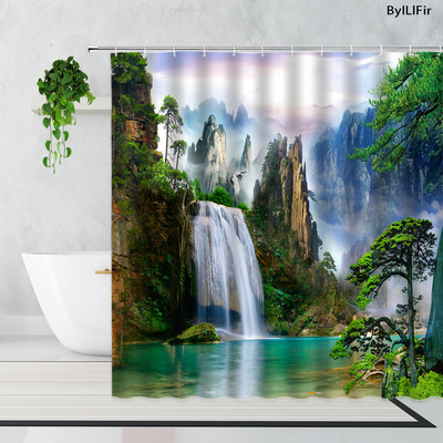 Zen bambus šumska zavjesa za tuširanje ljetna šuma džungla vodopad stijena priroda krajolik zavjese za kadu set zeleni krajolik kupaonica