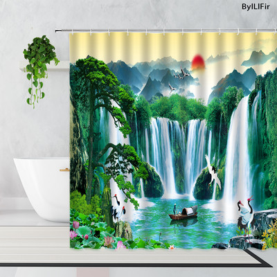 Zen bambus šumska zavjesa za tuširanje ljetna šuma džungla vodopad stijena priroda krajolik zavjese za kadu set zeleni krajolik kupaonica