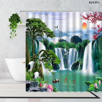 Zen bambus šumska zavjesa za tuširanje ljetna šuma džungla vodopad stijena priroda krajolik zavjese za kadu set zeleni krajolik kupaonica