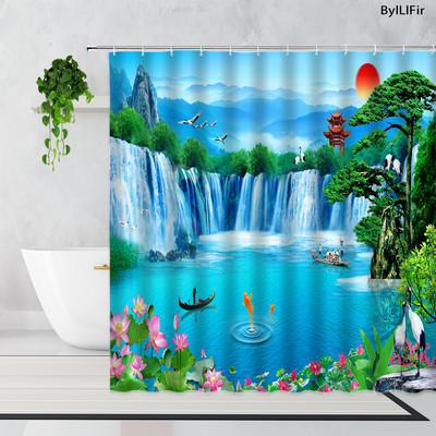 Zen bambus šumska zavjesa za tuširanje ljetna šuma džungla vodopad stijena priroda krajolik zavjese za kadu set zeleni krajolik kupaonica