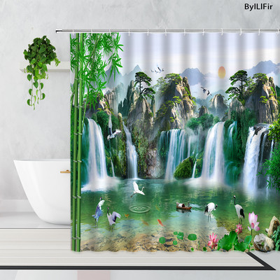 Zen bambus šumska zavjesa za tuširanje ljetna šuma džungla vodopad stijena priroda krajolik zavjese za kadu set zeleni krajolik kupaonica