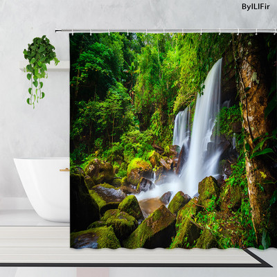 Zen bambus šumska zavjesa za tuširanje ljetna šuma džungla vodopad stijena priroda krajolik zavjese za kadu set zeleni krajolik kupaonica