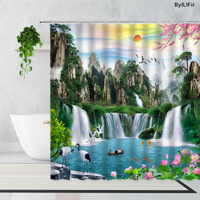 Zen bambus šumska zavjesa za tuširanje ljetna šuma džungla vodopad stijena priroda krajolik zavjese za kadu set zeleni krajolik kupaonica