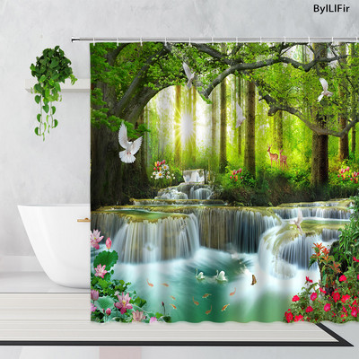 Zen bambus šumska zavjesa za tuširanje ljetna šuma džungla vodopad stijena priroda krajolik zavjese za kadu set zeleni krajolik kupaonica