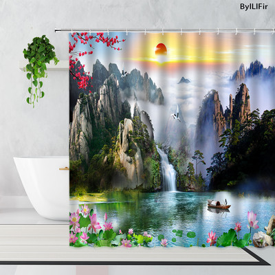 Zen bambus šumska zavjesa za tuširanje ljetna šuma džungla vodopad stijena priroda krajolik zavjese za kadu set zeleni krajolik kupaonica