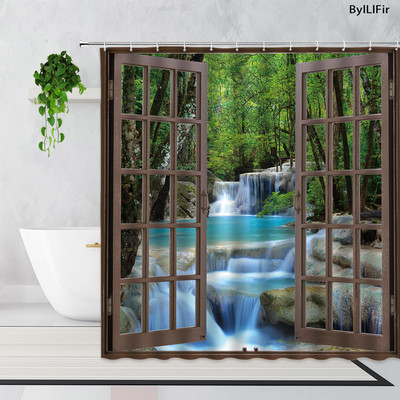 Zen bambus šumska zavjesa za tuširanje ljetna šuma džungla vodopad stijena priroda krajolik zavjese za kadu set zeleni krajolik kupaonica
