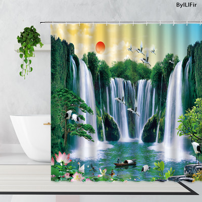 Zen bambus šumska zavjesa za tuširanje ljetna šuma džungla vodopad stijena priroda krajolik zavjese za kadu set zeleni krajolik kupaonica