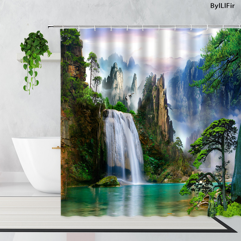 Zen bambus šumska zavjesa za tuširanje ljetna šuma džungla vodopad stijena priroda krajolik zavjese za kadu set zeleni krajolik kupaonica