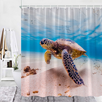 Комплект завеси за душ на тема морска костенурка Дървена дъска Коралови водни растения Балон Морски живот Декорация на плат за завеси за баня Миещи се куки