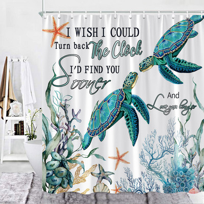 Jūras bruņurupuča tēmas dušas aizkaru komplekts koka dēlis koraļļu ūdens augi burbulis jūras dzīve vannas istabas aizkaru auduma dekors mazgājami āķi