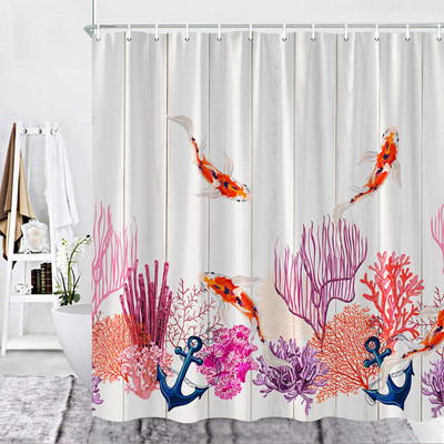 Jūras bruņurupuča tēmas dušas aizkaru komplekts koka dēlis koraļļu ūdens augi burbulis jūras dzīve vannas istabas aizkaru auduma dekors mazgājami āķi