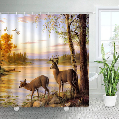 Divlje životinje Elk Zavjese za tuširanje Zimska šuma Cedar Jelen Prirodni krajolik Božićni ukras s kukama Zavjesa od tkanine za kupaonicu
