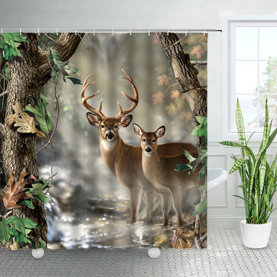Divlje životinje Elk Zavjese za tuširanje Zimska šuma Cedar Jelen Prirodni krajolik Božićni ukras s kukama Zavjesa od tkanine za kupaonicu