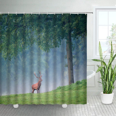 Divlje životinje Elk Zavjese za tuširanje Zimska šuma Cedar Jelen Prirodni krajolik Božićni ukras s kukama Zavjesa od tkanine za kupaonicu