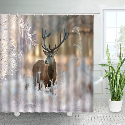 Divlje životinje Elk Zavjese za tuširanje Zimska šuma Cedar Jelen Prirodni krajolik Božićni ukras s kukama Zavjesa od tkanine za kupaonicu