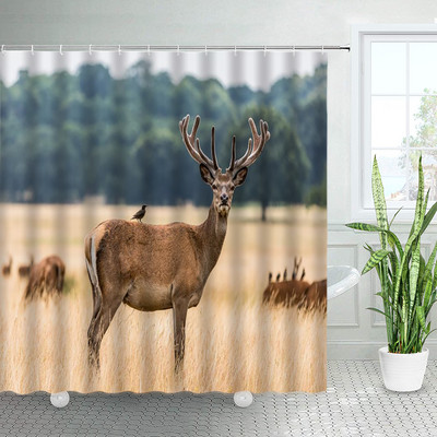 Divlje životinje Elk Zavjese za tuširanje Zimska šuma Cedar Jelen Prirodni krajolik Božićni ukras s kukama Zavjesa od tkanine za kupaonicu