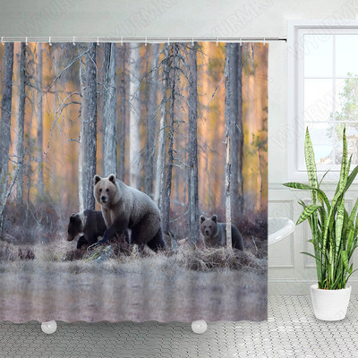 Divlje životinje Elk Zavjese za tuširanje Zimska šuma Cedar Jelen Prirodni krajolik Božićni ukras s kukama Zavjesa od tkanine za kupaonicu