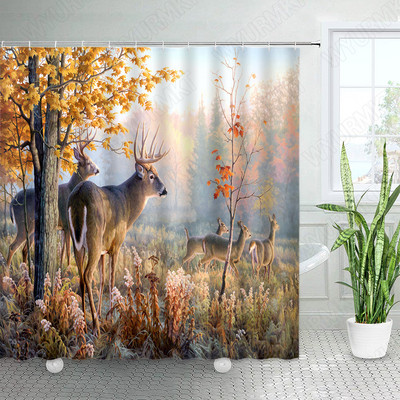 Divlje životinje Elk Zavjese za tuširanje Zimska šuma Cedar Jelen Prirodni krajolik Božićni ukras s kukama Zavjesa od tkanine za kupaonicu