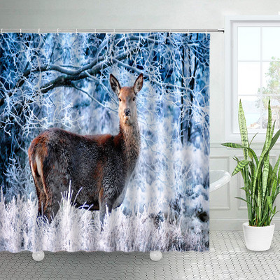 Divlje životinje Elk Zavjese za tuširanje Zimska šuma Cedar Jelen Prirodni krajolik Božićni ukras s kukama Zavjesa od tkanine za kupaonicu