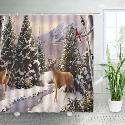 Divlje životinje Elk Zavjese za tuširanje Zimska šuma Cedar Jelen Prirodni krajolik Božićni ukras s kukama Zavjesa od tkanine za kupaonicu