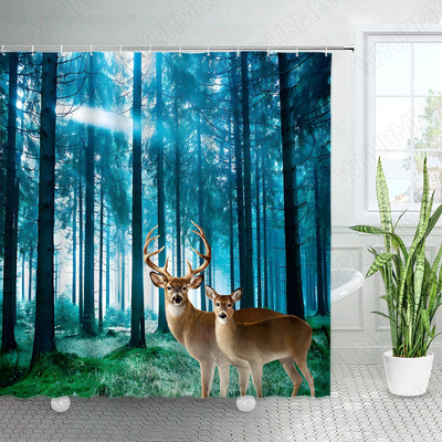 Divlje životinje Elk Zavjese za tuširanje Zimska šuma Cedar Jelen Prirodni krajolik Božićni ukras s kukama Zavjesa od tkanine za kupaonicu