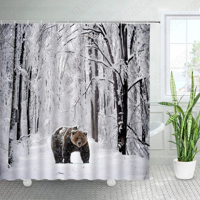 Divlje životinje Elk Zavjese za tuširanje Zimska šuma Cedar Jelen Prirodni krajolik Božićni ukras s kukama Zavjesa od tkanine za kupaonicu