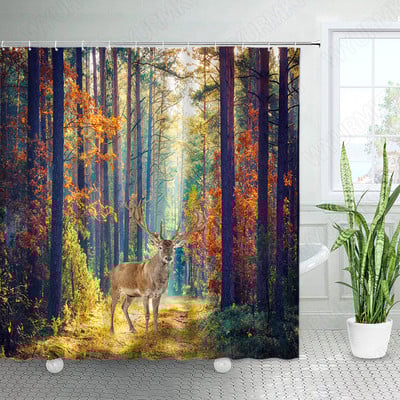 Divlje životinje Elk Zavjese za tuširanje Zimska šuma Cedar Jelen Prirodni krajolik Božićni ukras s kukama Zavjesa od tkanine za kupaonicu