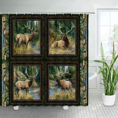 Divlje životinje Elk Zavjese za tuširanje Zimska šuma Cedar Jelen Prirodni krajolik Božićni ukras s kukama Zavjesa od tkanine za kupaonicu
