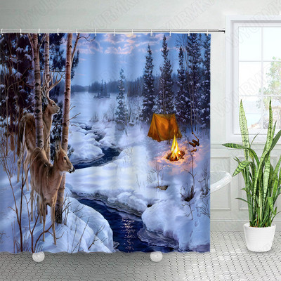 Divlje životinje Elk Zavjese za tuširanje Zimska šuma Cedar Jelen Prirodni krajolik Božićni ukras s kukama Zavjesa od tkanine za kupaonicu
