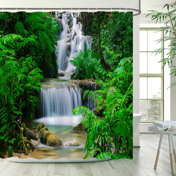 Пролетен горски пейзаж Завеса за душ Тропическа джунгла Растения Водопад Природни пейзажи Завеси Градина Декор за баня с куки