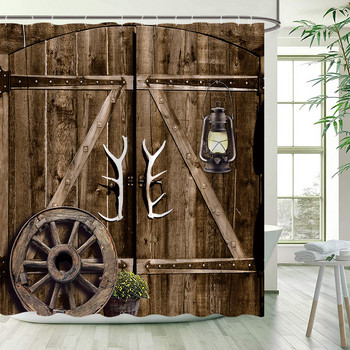 Винтидж завеса за душ от дървени дъски Рустик ферма Врата на плевня Дървено колело Зелени листа Ретро завеси за баня Декорация на баня с куки